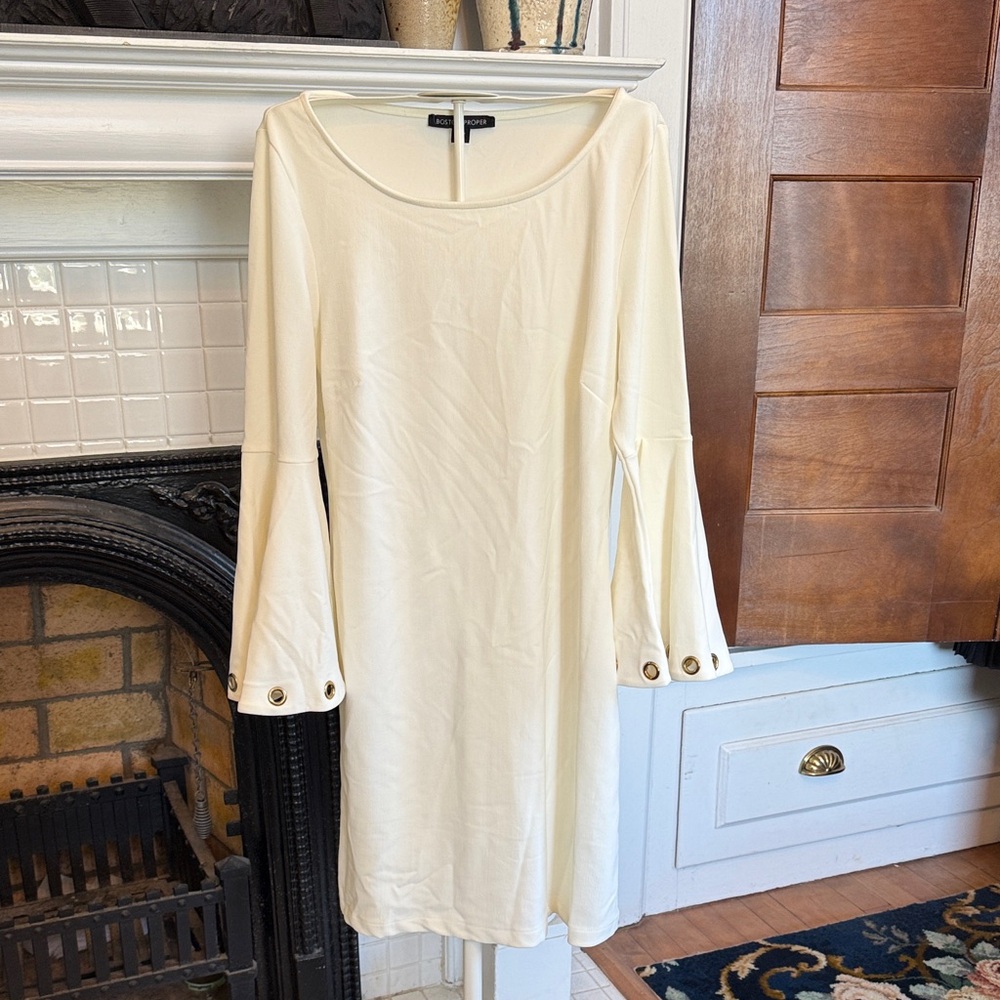 Boston Proper Cream Long Sleeve Dress with Open Accents bell sleeves. Worn 4x